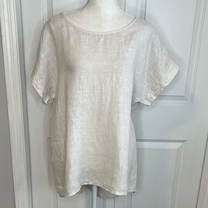 Terzo Millenio Cream Linen Hi-Lo Tunic Blouse Large Short Sleeve Italy Lagenlook